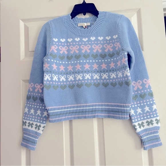 LoveShackFancy Zaheer Pullover Sweater Size M Knit Crew Neck Preppy Blue Skies - Picture 2 of 14